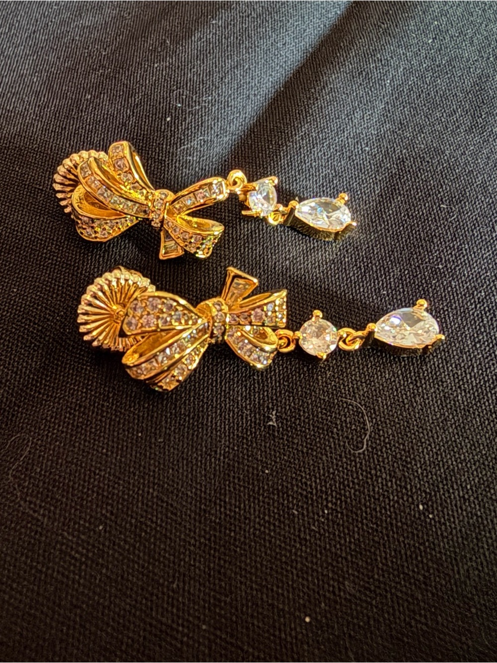 Gold Bow Drop Earrings with Clear Crystals - Women Jewelry